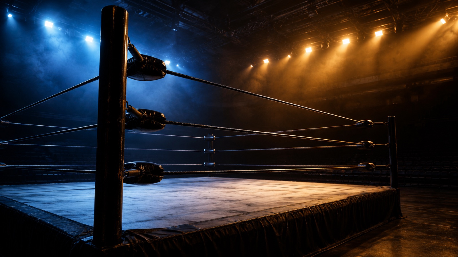 暗いアリーナに置かれた無人のプロレスリングを低いコーナー越しに見た構図。青と琥珀の照明が霞を切り、ロープとターンバックル、擦れ跡の残ったキャンバスが浮かび上がる——8つのジャンルの技が繰り出される舞台のイメージ