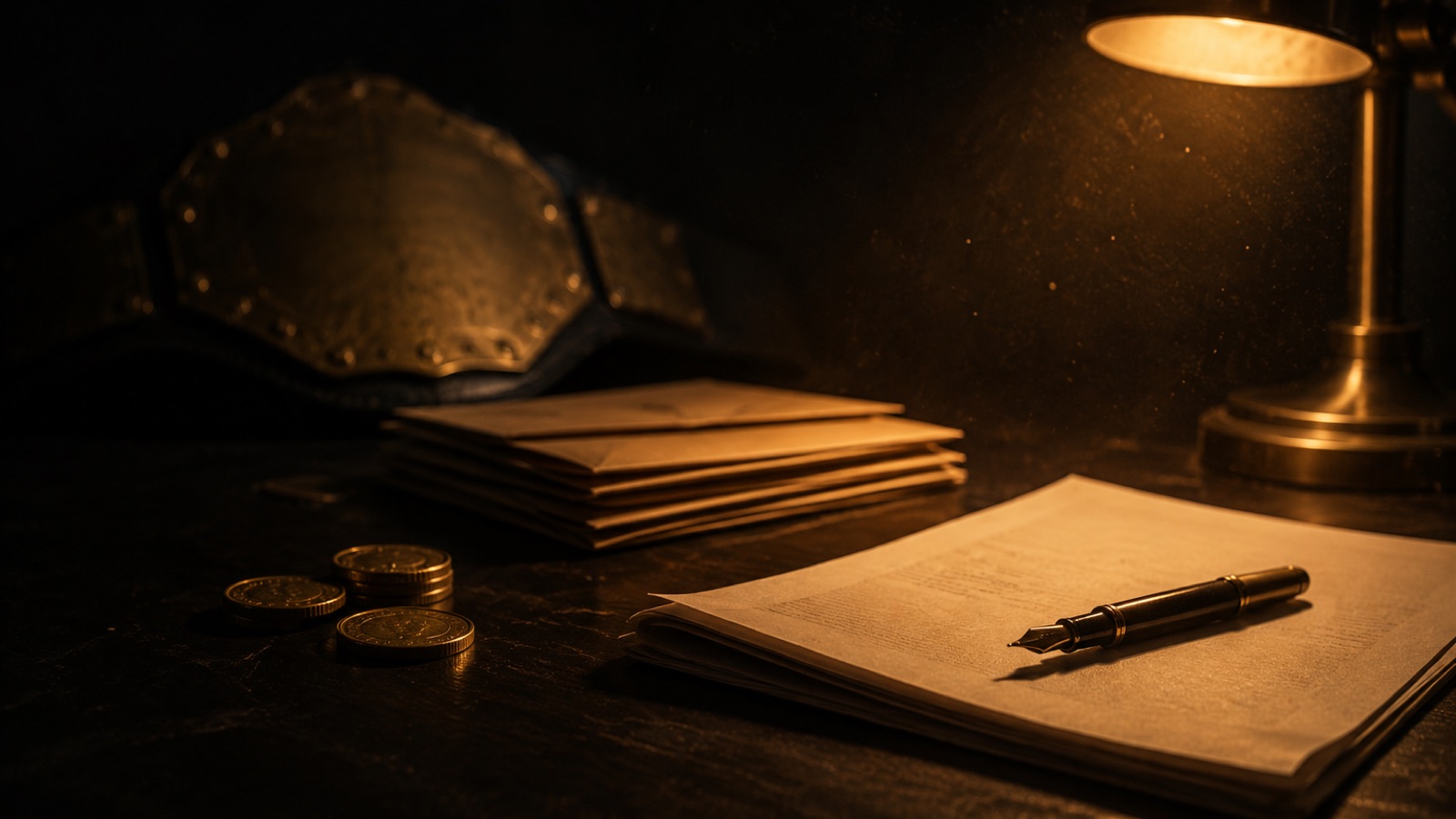 薄暗い机の上に、封をされた契約書の束と万年筆、数枚の金貨、そして奥に置かれたチャンピオンベルト。プロレスラーの報酬が契約ごとに個別に決められ、外に出ないことを表した写真