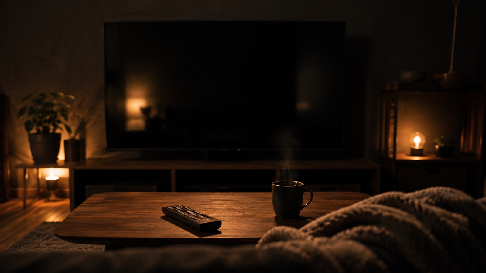 夜のリビングを低いテーブル越しに写した写真。電源の入っていない大型テレビ、テーブルの上のリモコンと湯気の立つマグカップ、ソファに置かれた毛布。ひとりで中継を観る前の部屋の様子