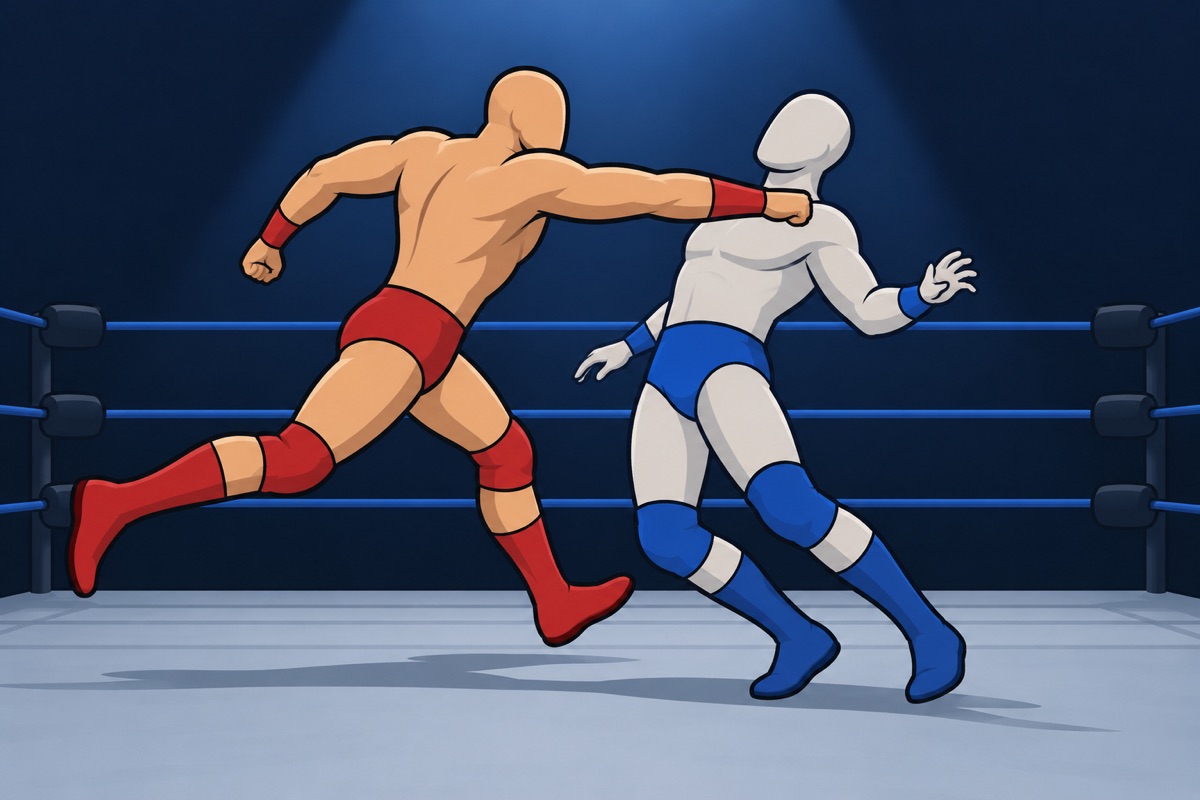 ラリアットの体勢イラスト：走り込んだ選手が伸ばした腕を相手の胸元に叩きつける