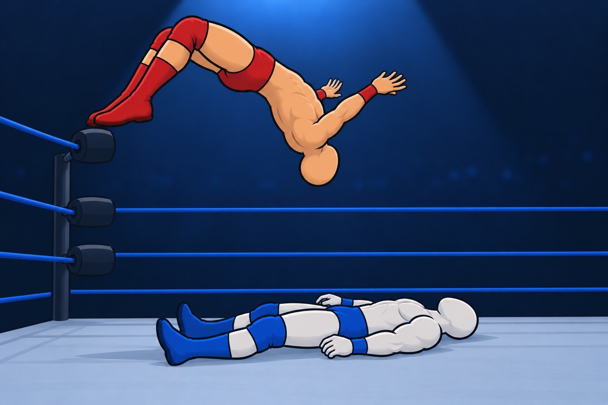 ムーンサルトプレスの体勢イラスト：コーナー最上段から後方宙返りで背中から落ちる